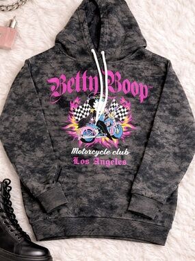 Betty Boop Black Gray Tie-Dye Hoodie with Pink Graphic